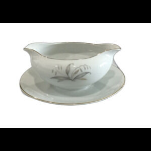 Kaysons Fine China Golden Rhapsody Vintage Gravy Boat attached to Plate.